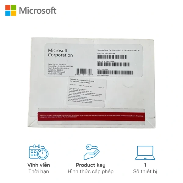Phần Mềm Windows Server CAL 2016 Englist 1PK DSP OEI 5 CLT User CAL  R18-05244