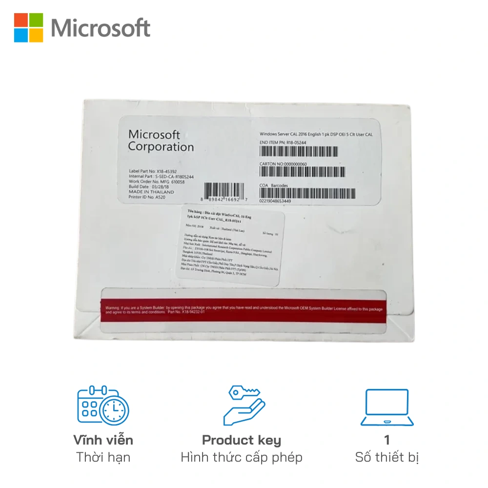 Phần Mềm Windows Server CAL 2016 Englist 1PK DSP OEI 5 CLT User CAL  R18-05244