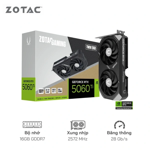 Card màn hình ZOTAC GeForce RTX 5060 Ti 16GB GDDR7 Twin Edge 128Bit - Cổng xuất hình: DisplayPort/HDMI, 2 quạt