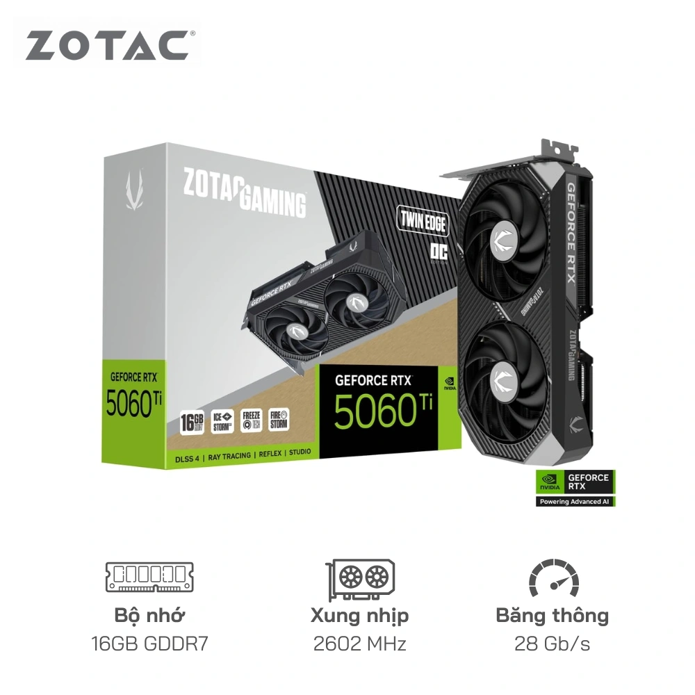 Card màn hình ZOTAC GeForce RTX 5060 Ti 16GB GDDR7 Twin Edge OC 128bit - Cổng xuất hình: DisplayPort/HDMI , 2 quạt