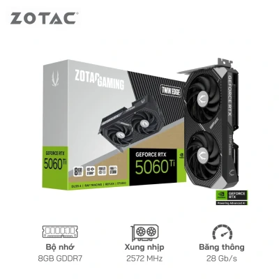 Card màn hình ZOTAC GeForce RTX 5060 Ti 8GB GDDR7 Twin Edge 128Bit - Cổng xuất hình: DisplayPort/HDMI, 2 quạt