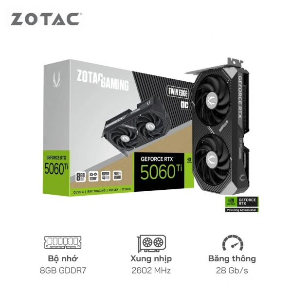 Card màn hình ZOTAC GeForce RTX 5060 Ti 8GB GDDR7 Twin Edge OC 128Bit - Cổng xuất hình: DisplayPort/HDMI