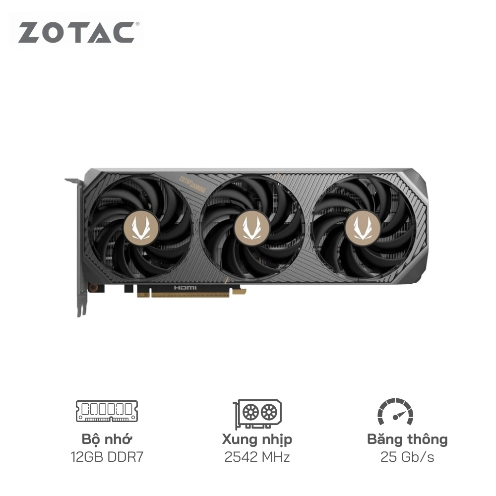Card Màn Hình ZOTAC Gaming GeForce RTX 5070 Solid OC 12GB 192Bit - Cổng xuất hình: HDMI/DisplayPort, 3 quạt