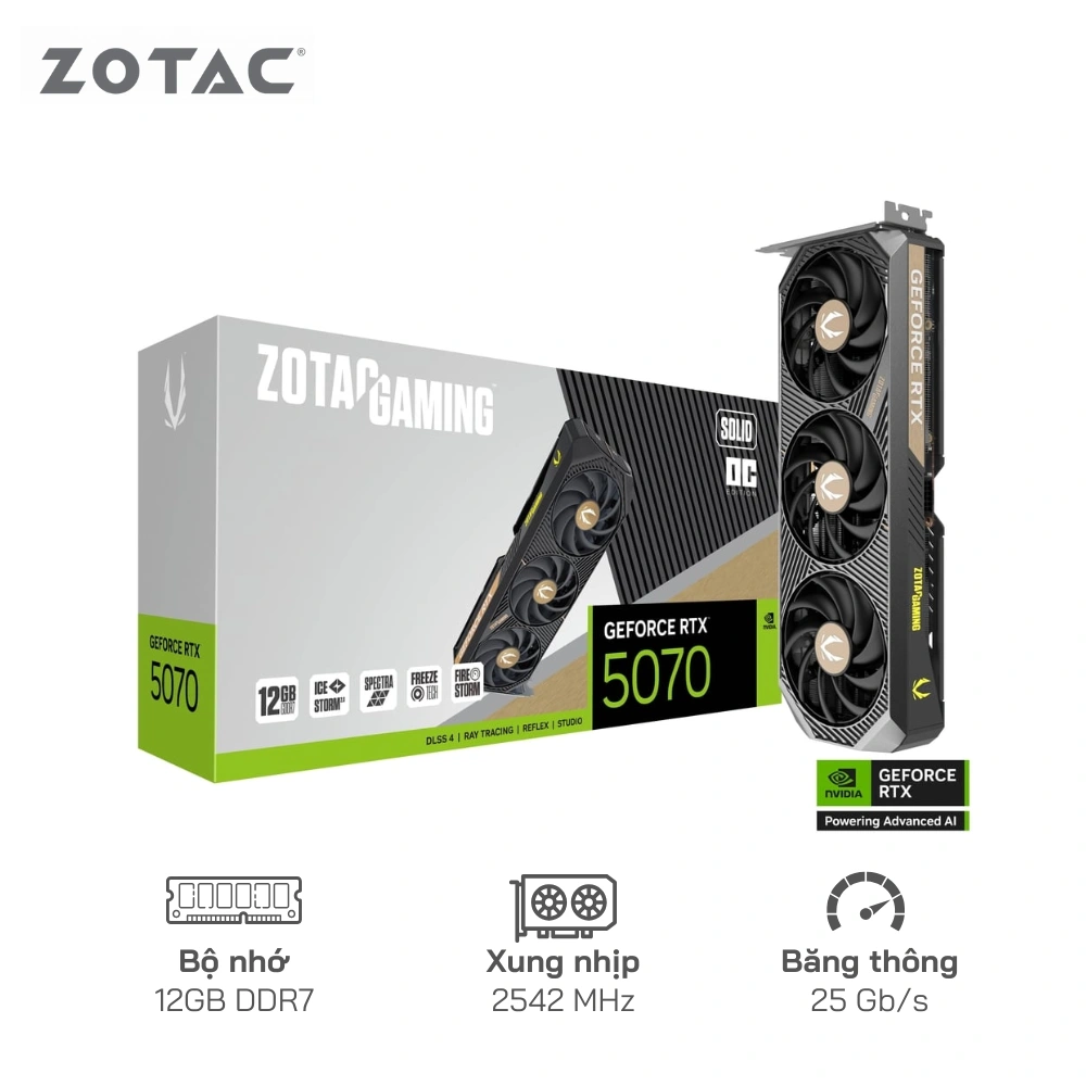 Card Màn Hình ZOTAC Gaming GeForce RTX 5070 Solid OC 12GB 192Bit - Cổng xuất hình: HDMI/DisplayPort, 3 quạt