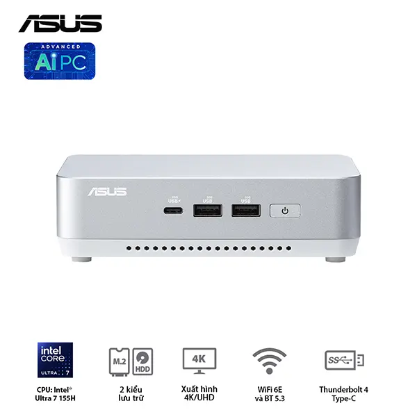 Mini PC Asus NUC 14 PRO Plus RNUC14RVSU700001I/ U7- 155H/ 2xNVMe/ 2x HDMI 2.1/2x DP 1.4a/ VESA MOUNT/ WHITE