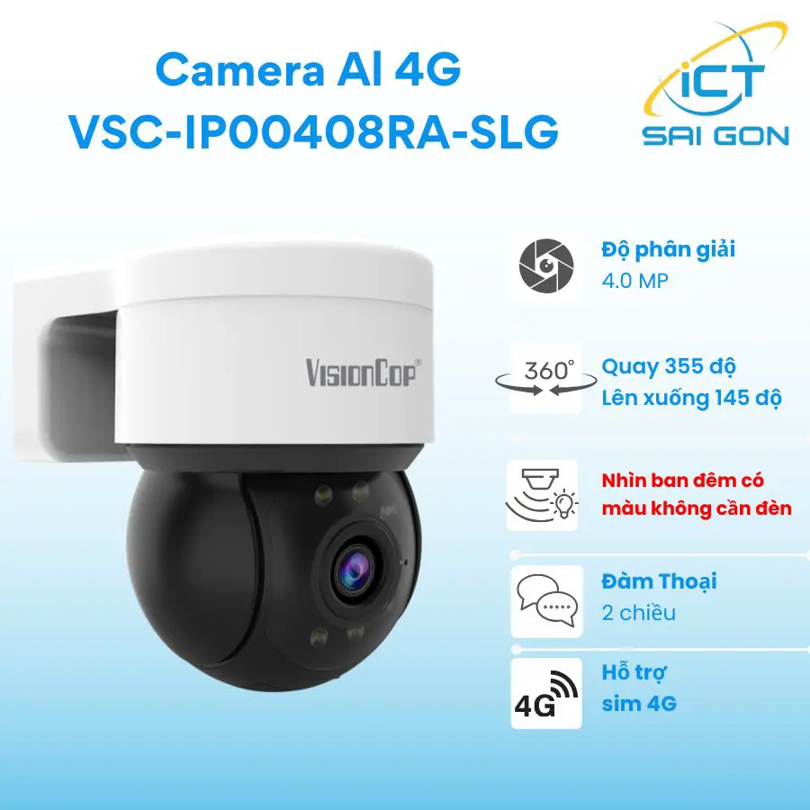 Camera IP 4G AI VisionCop VSC-IP00408RA-SLG 4.0 MP, nhìn ban đêm có màu, đàm thoại 2 chiều