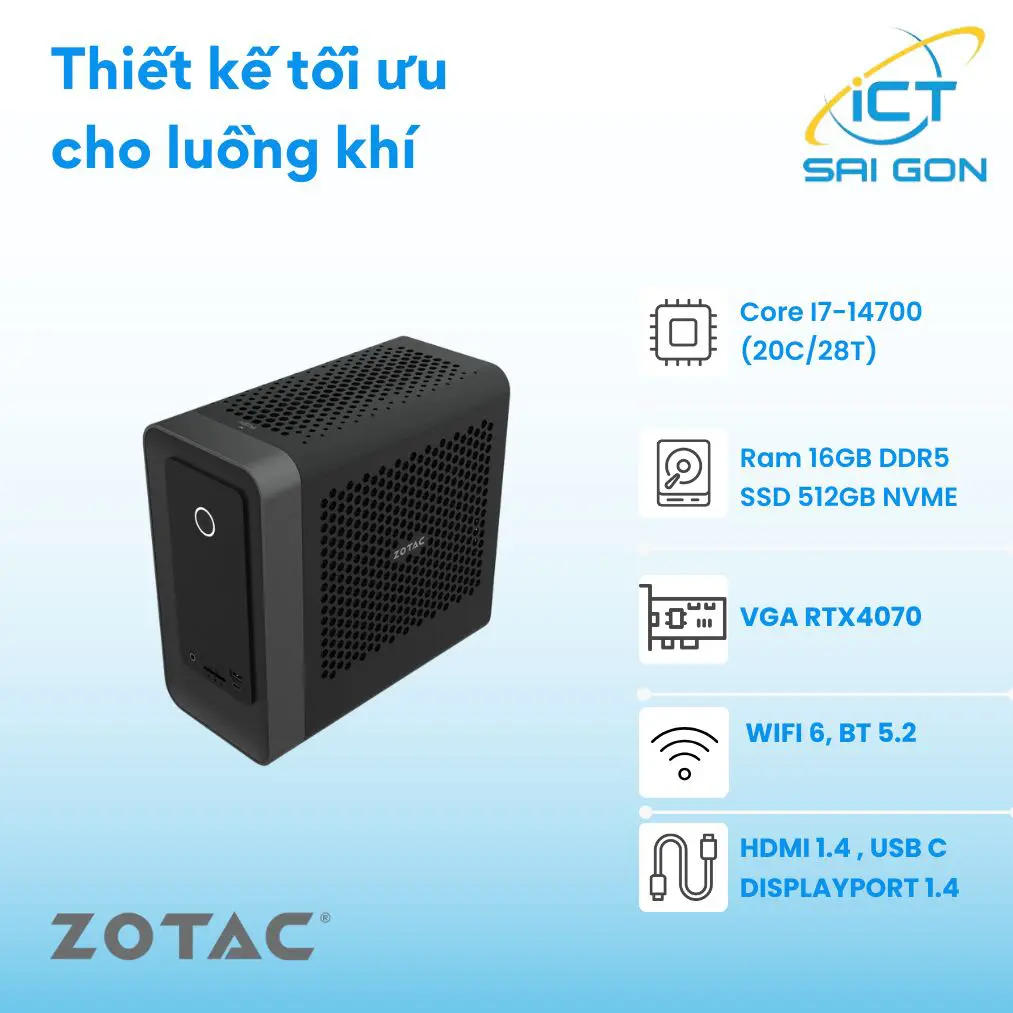 Mini PC Zotac MAGNUS ONE CPU I7-14700, Ram 16GB DDR5, SSD 512GB, WIFI+BT, HDMI, DisplayPort, USB-C, ZBOX-ERP74070SC-BE1