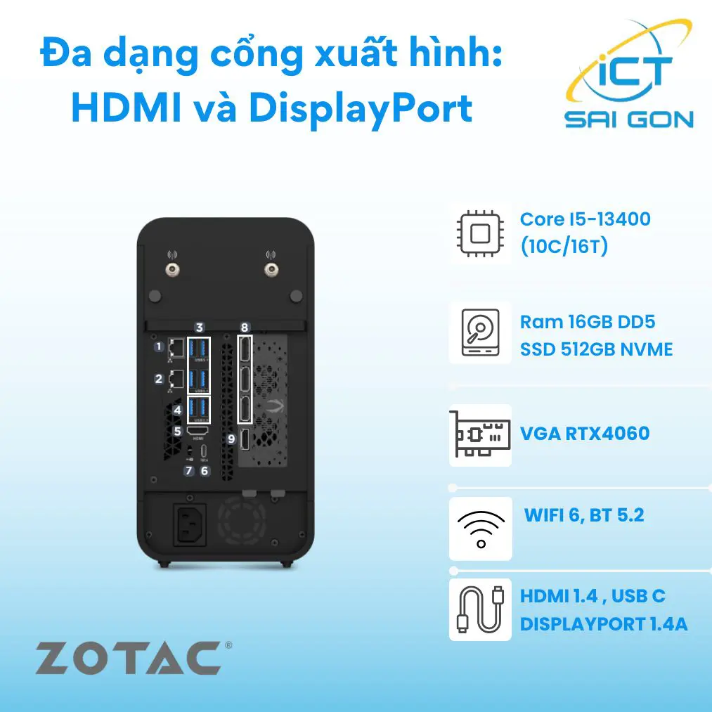 Mini PC Zotac MAGNUS ONE Cpu I5-13400, Ram 16GB DDR5, SSD 512GB, WIFI+BT, HDMI, DisplayPort, USB-C, ZBOX-ERP54060C-BE1